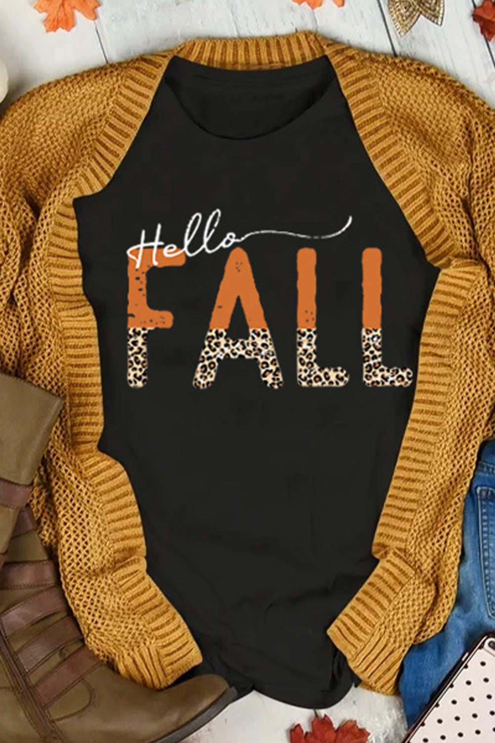 Black Hello Fall Leopard Fun Graphic T Shirt