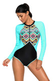 Aztec Print Blue Rashguard Long Sleeve One Piece Swimsuit