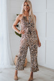 Brown Keyhole Front Leopard Sleeveless Cropped Jumpsuit