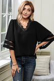 V Lace Neckline 3/4 Bell Mesh Sleeves Blouse