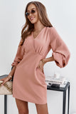 Pink Solid Color V-Neck High Waist Dress