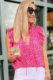 Red Frilled Spilt V Neck Leopard Ruffled Top