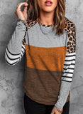Leopard Striped Color Block Long Sleeve Blouse