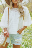 White Textured Lace Contrast Ruched Blouse