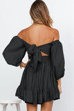 Bow Knot Square Neck Ruffled High Waist Mini Dress