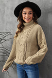 Khaki Solid Turtleneck Cable Knit Pullover Sweater