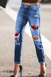 Plaid Patchwork Hollow Out Ripped Jeans