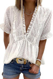 Ruffled V Neck Frill Hem Swiss Dot Blouse