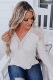 Lace Contrast V Neck Ribbed Long Sleeve Top