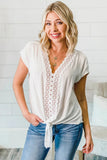 V Neck Lace Patchwork Tee with Knot