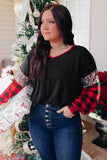 Sequined Leopard Insert Plaid Sleeve Plus Size Top