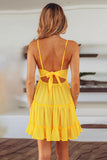 Spaghetti Straps V Neck Lace Bodice Ruffled Mini Dress
