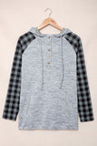 Plaid Splicing Kangaroo Pocket Buttoned Hoodie