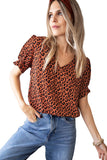 Short Puff Sleeves V Neck Leopard Print Top