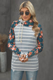 Striped Floral Print Long Sleeve Zipper Hoodie