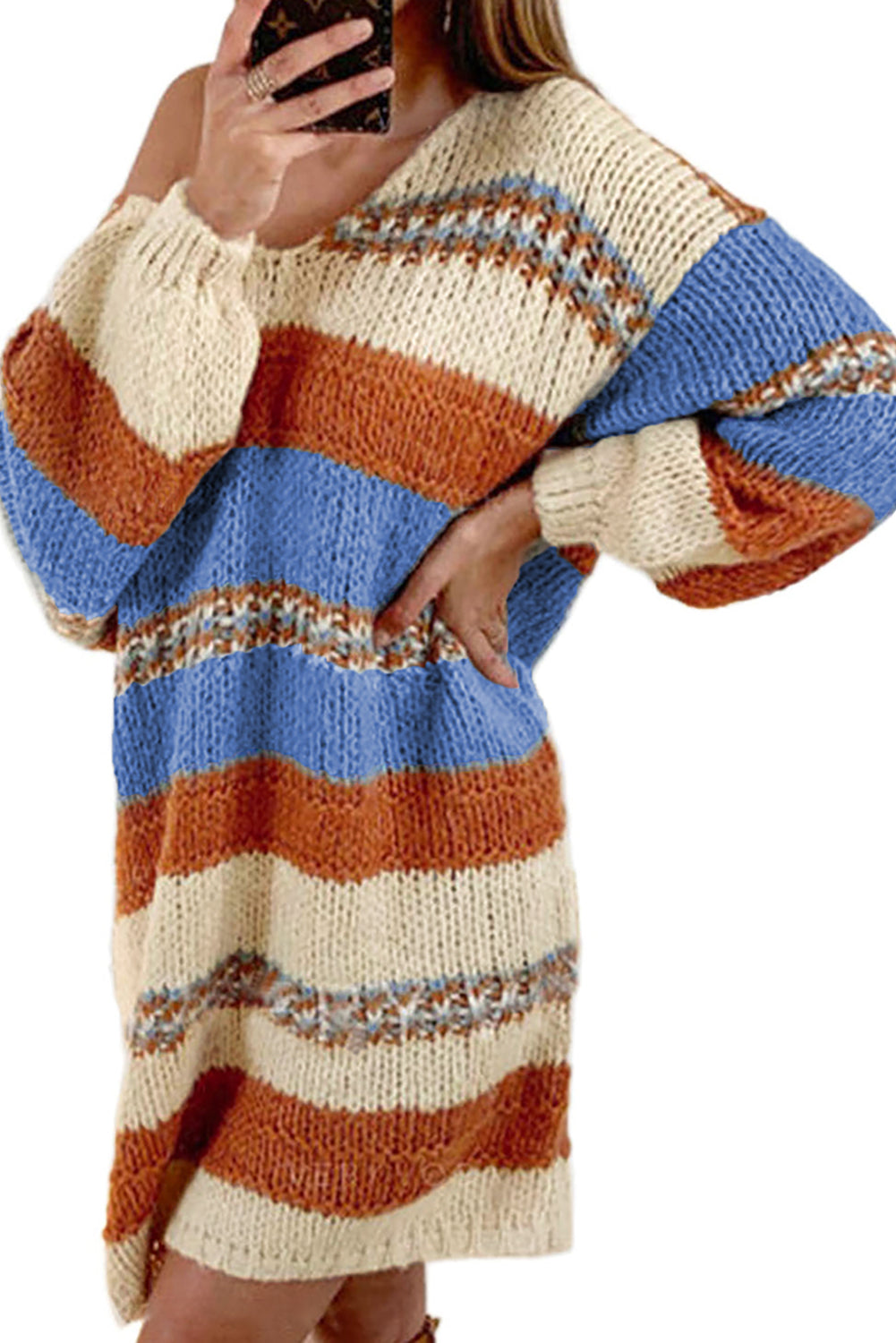 Multicolor Color Block Cable Knit Sweater Dress