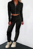 Ribbed Knit Cropped Hoodie and Jogger Set