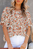 Orange Floral Smocked Puff Sleeve Blouse