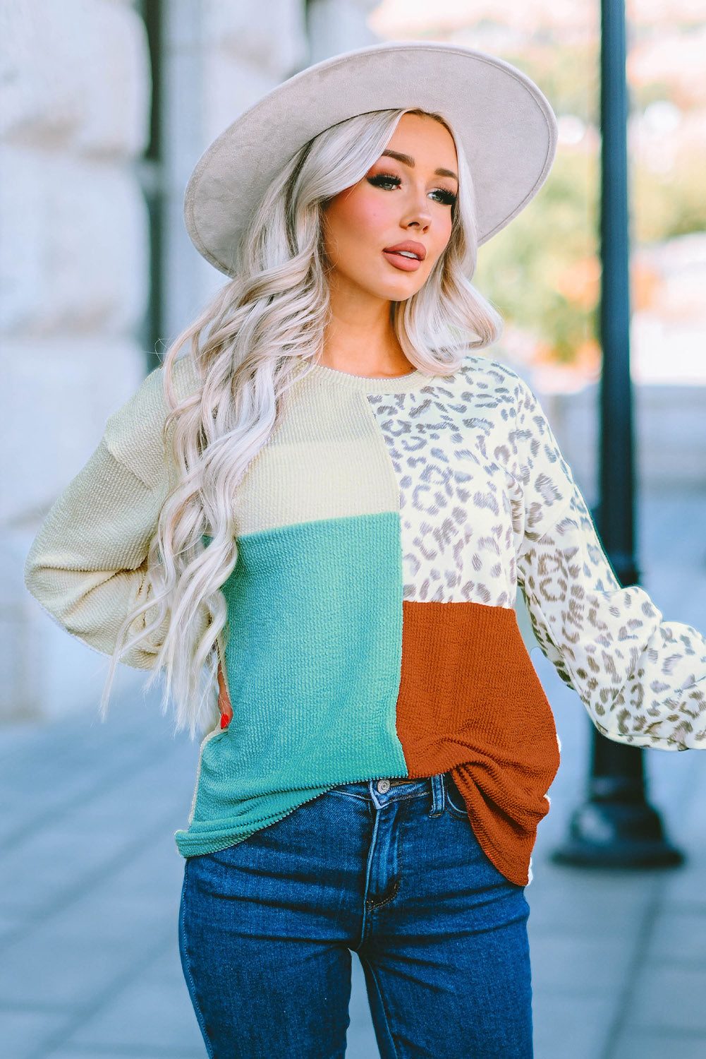 Patchwork Color Block Ribbed Long Sleeve Top