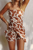 Western Cow Pattern Wrap Bottom Spaghetti Straps Romper