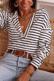 Striped Print Ruffled Buttoned Long Sleeve Top
