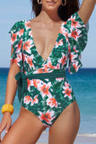 Sexy Deep V Neck Floral Print Ruffles One Piece Swimwear