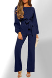 Navy Boat Neck Bubble Sleeve Straight Legs Jumpsuit with Belt Tie