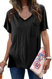 V Neck Short Sleeves Cotton Blend Tee with Front Pocket and Side Slits