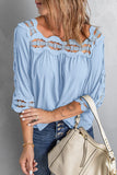 Sky Blue Crochet Trim Hollow-out Blouse