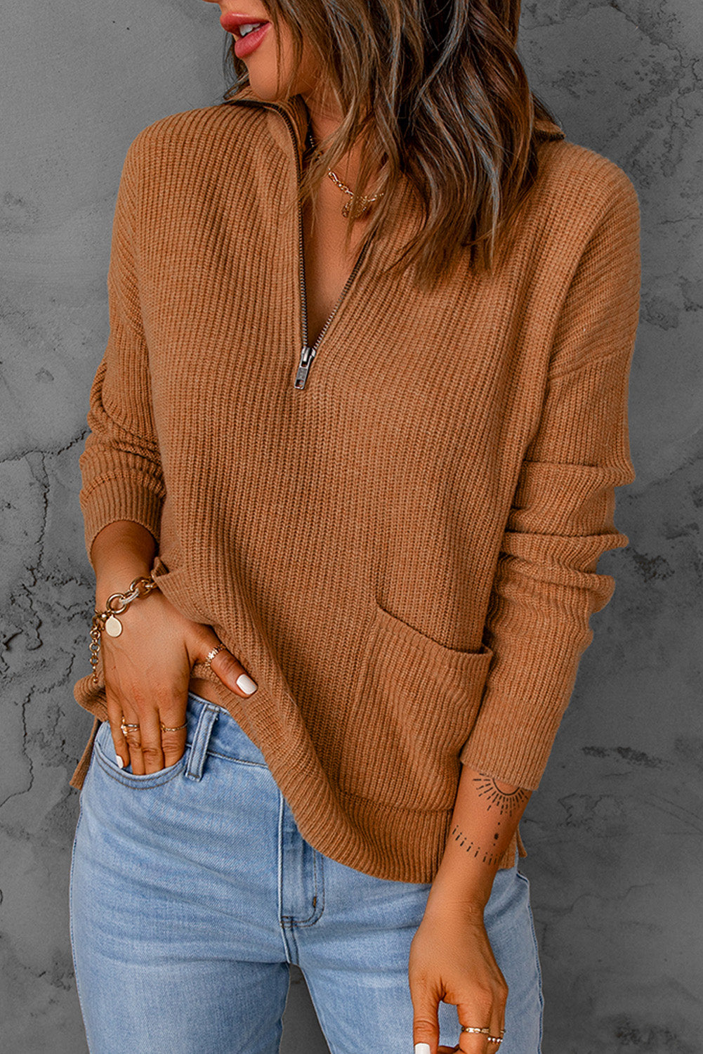 Brown Half Zip Ribbed Knit Pocketed Sweater