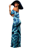 Turquoise Roses Print Off-the-shoulder Maxi Dress