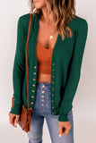 Green Lightweight Knit Ribbed Trim Snap Button Cardigan