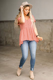 Pink Flounce Pleated Buttoned Short Sleeve T Shirt