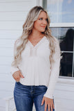 Lace Contrast V Neck Ribbed Long Sleeve Top