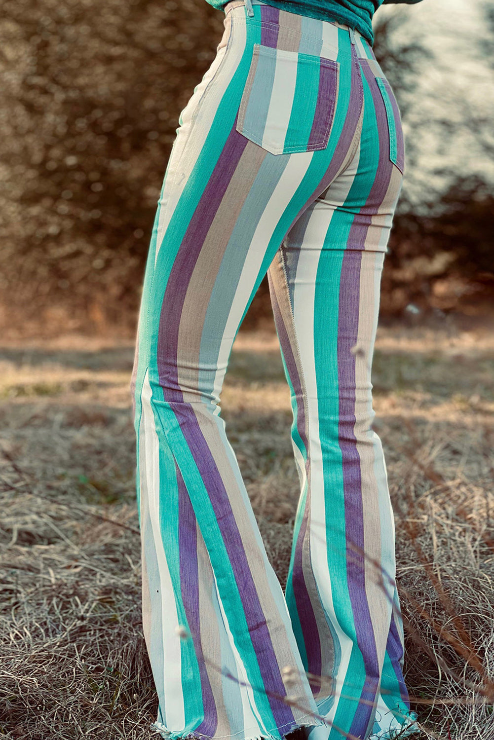 Multicolor Striped Frayed Edge Flare Jeans ALELLY