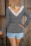 Striped Lace V Neck Long Sleeve Top