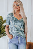 Camouflage Print V Neck Short Sleeve T Shirt