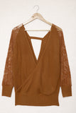 Sexy V Neck Surplice Hollow-out Sweater with Lace Sleeves