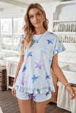 Star Print Ruffled Short Sleeve Tee and Drawstring Shorts Lounge Se