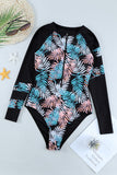Sky Blue Leaves Print Zip-up Long Sleeve Surf Rash Guard Swimwear