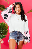 Leopard Splicing Waffle Knit Puff Sleeve Blouse
