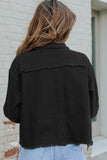 Black Distressed Flap Pockets Frayed Hemline Denim Jacket