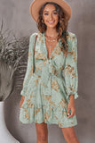 Green Deep V Neck Lantern Sleeve Knotted Tiered Mini Dress