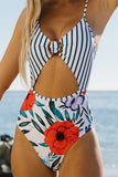 Floral and Striped Hollow Out One-piece Swimwear