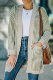 Green Ribbed Striped Open Front Cardigan with Pockets