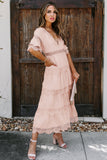 Swiss Dot Print See-through Lace Patch Layered Long Dress