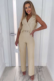 Lapel Wrapped Sleeveless High Waist Jumpsuit with Belt