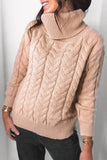 Khaki Turtleneck Long Sleeve Braided Knitted Sweater