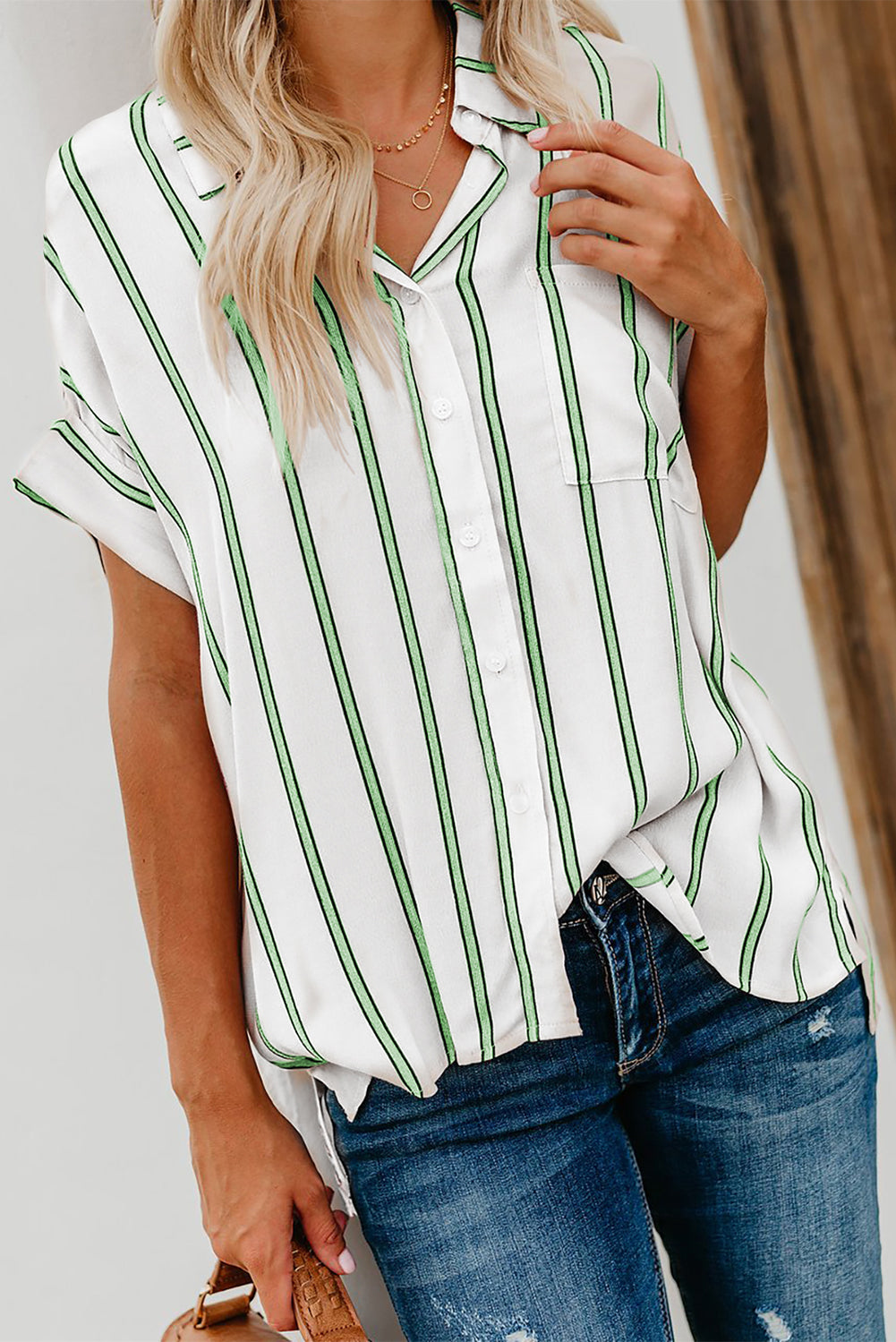 Striped Short Sleeve Buttoned Pocket Shirt