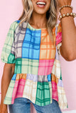 color Bold Plaid Color Block Puff Sleeve Peplum Top